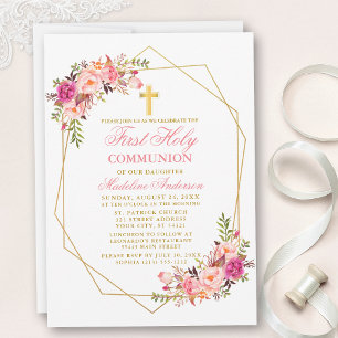 Invitation Aquarelle rose Blush Floral Geo Frame Communion