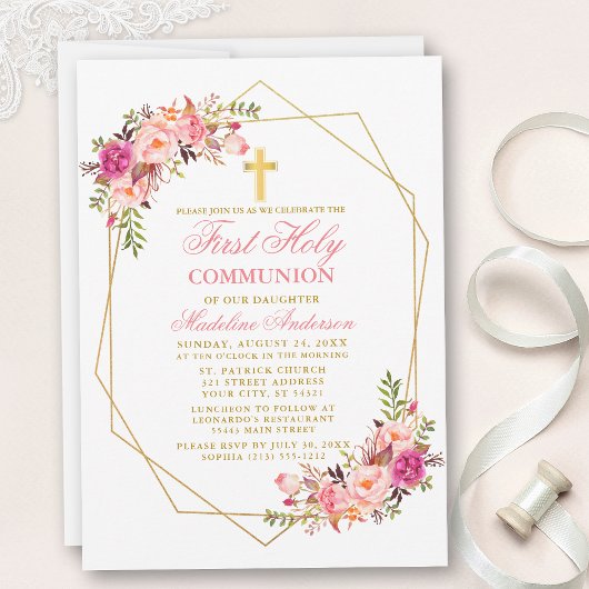 Invitation Aquarelle rose Blush Floral Geo Frame Communion