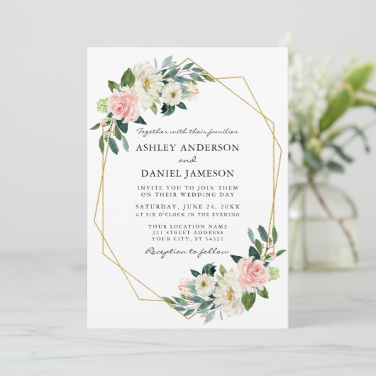 Invitation Aquarelle rose Blush Floral Gold Frame (Debout devant)