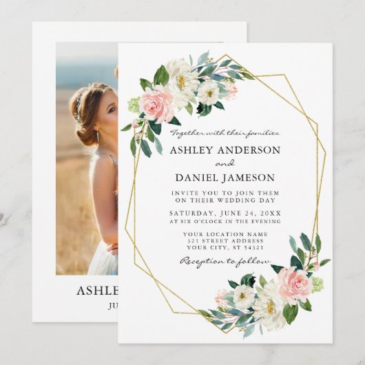 Invitation Aquarelle rose Blush Floral Gold Frame Photo (Devant / Derrière)