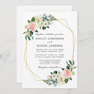 Invitation Aquarelle rose Blush Floral Gold Frame Photo