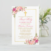 Invitation Aquarelle rose Blush Floral Gold Première communio (Debout devant)