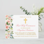 Invitation Aquarelle rose Blush Floral Gold Première communio (Debout devant)