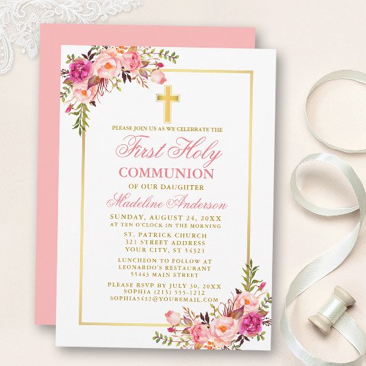 Invitation Aquarelle rose Blush Floral Gold Première communio