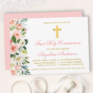Invitation Aquarelle rose Blush Floral Gold Première communio
