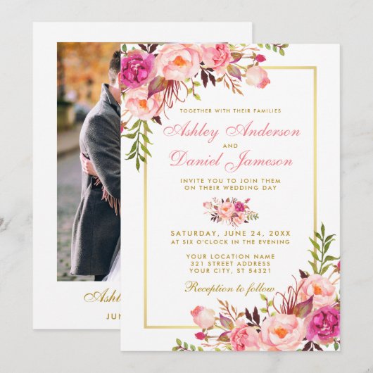 Invitation Aquarelle rose Blush Floral Photo Mariage or (Devant / Derrière)
