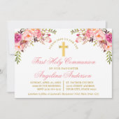Invitation Aquarelle rose Blush Floral Première Communion Or (Devant)