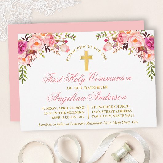 Invitation Aquarelle rose Blush Floral Première Communion Or