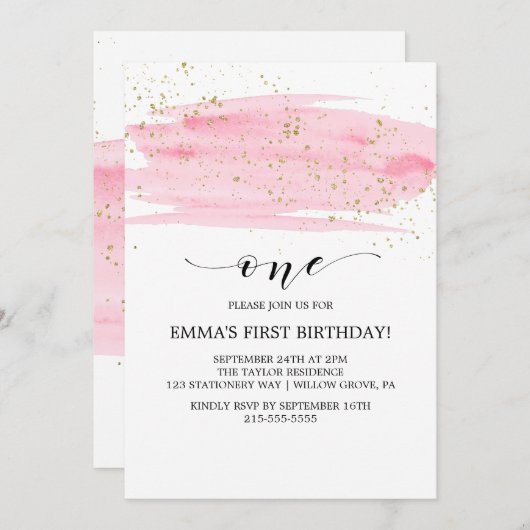 Invitation Aquarelle rose Blush & Gold Sparkday 1er anniversa (Devant / Derrière)