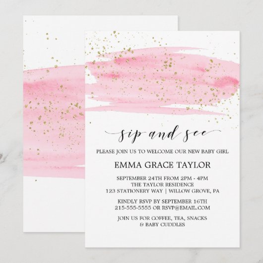 Invitation Aquarelle rose Blush & Gold Sparkhe Sip et voir (Devant / Derrière)