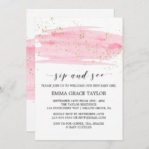 Invitation Aquarelle rose Blush & Gold Sparkhe Sip et voir