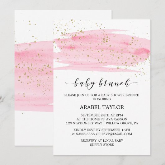 Invitation Aquarelle Rose Blush & Gold Sparkle Brunch pour bé (Devant / Derrière)