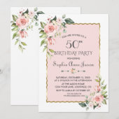Invitation Aquarelle Rose Blush Or Floral 50e anniversaire (Devant / Derrière)