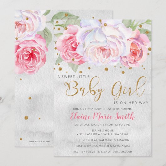 Invitation Aquarelle rose Blush or Floral Baby shower fille (Devant / Derrière)
