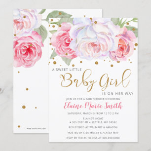 Invitation Aquarelle rose Blush or Floral Baby shower fille