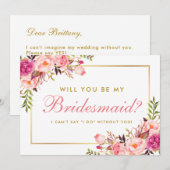 Invitation Aquarelle rose Blush Or Floral Be My Bridesmaid (Devant / Derrière)