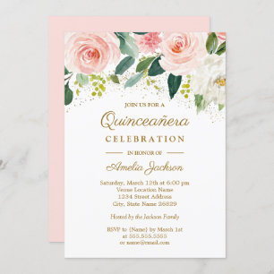 Invitation Aquarelle rose Blush or Quinceanera Florale