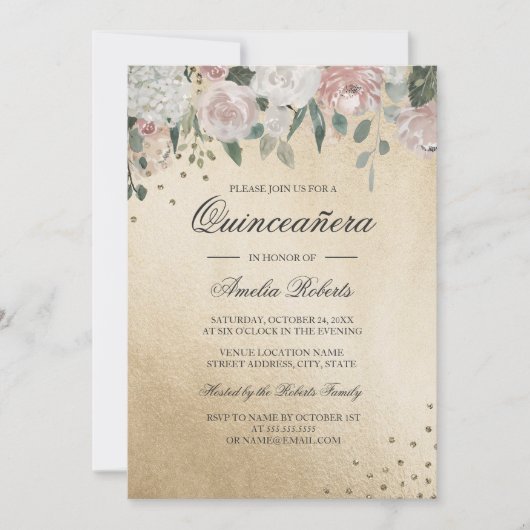 Invitation Aquarelle rose Blush or Quinceanera Florale (Devant)