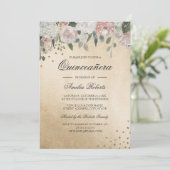 Invitation Aquarelle rose Blush or Quinceanera Florale (Debout devant)
