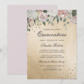 Invitation Aquarelle rose Blush or Quinceanera Florale (Devant / Derrière)