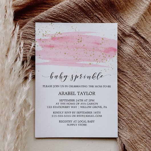 Invitation Aquarelle rose Blush & Or Sparkle Baby Sprinkle
