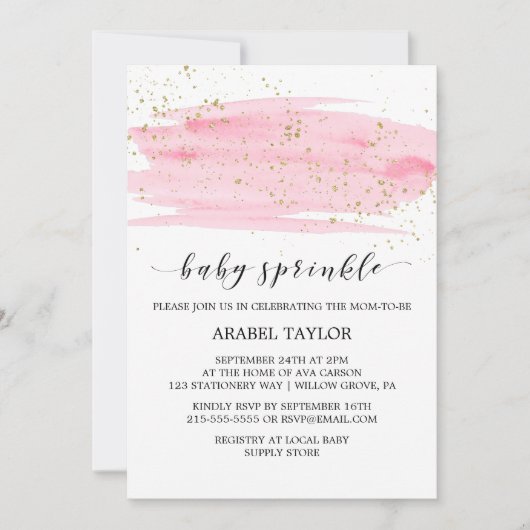 Invitation Aquarelle rose Blush & Or Sparkle Baby Sprinkle (Devant)