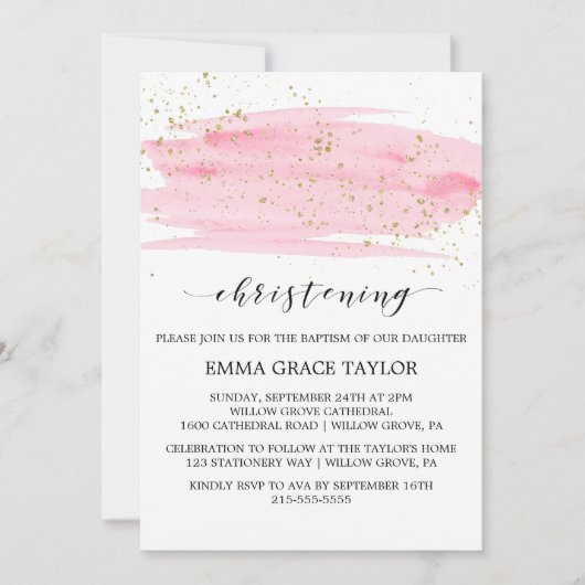 Invitation Aquarelle rose Blush & or Sparkling Christening (Devant)