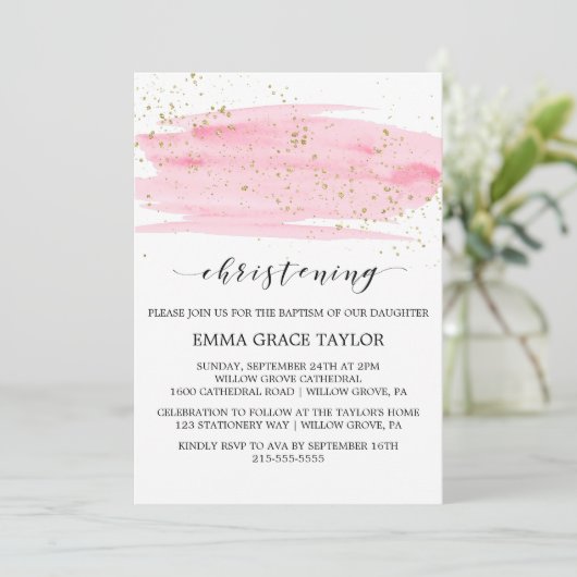 Invitation Aquarelle rose Blush & or Sparkling Christening (Debout devant)