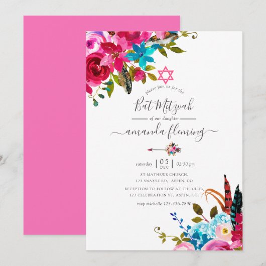 Invitation Aquarelle rose Boho Chic Floral Bat mitzvah (Devant / Derrière)