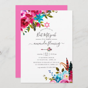 Invitation Aquarelle rose Boho Chic Floral Bat mitzvah