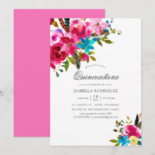 Invitation Aquarelle rose Boho Chic Floral Quinceañera
