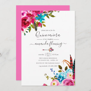 Invitation Aquarelle rose Boho Chic Floral Quinceañera