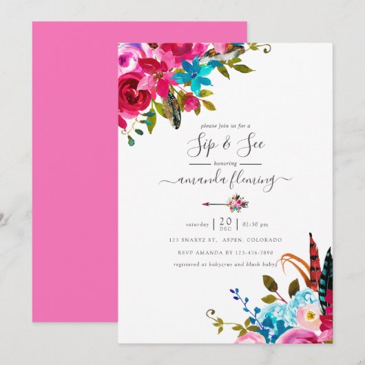 Invitation Aquarelle rose Boho Chic Floral Quinceañera (Devant / Derrière)