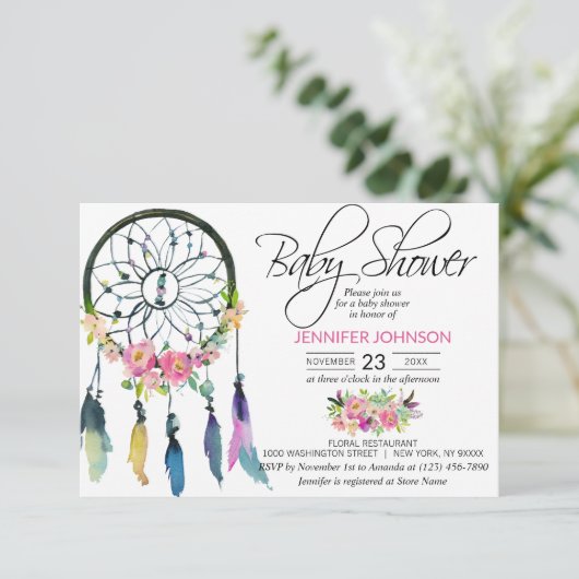 Invitation Aquarelle rose Boho Dreamcatcher Baby shower (Debout devant)