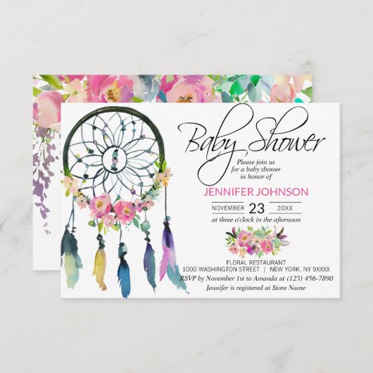 Invitation Aquarelle rose Boho Dreamcatcher Baby shower (Devant / Derrière)