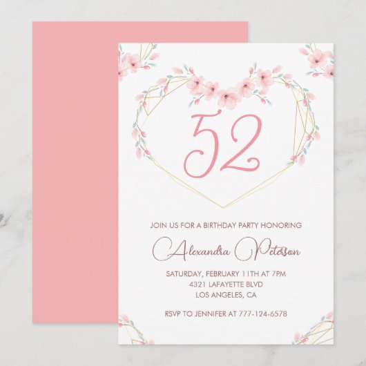 Invitation Aquarelle rose Boho floral 52e anniversaire (Devant / Derrière)