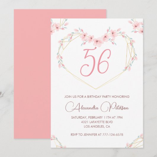 Invitation Aquarelle rose Boho floral 56e anniversaire (Devant / Derrière)
