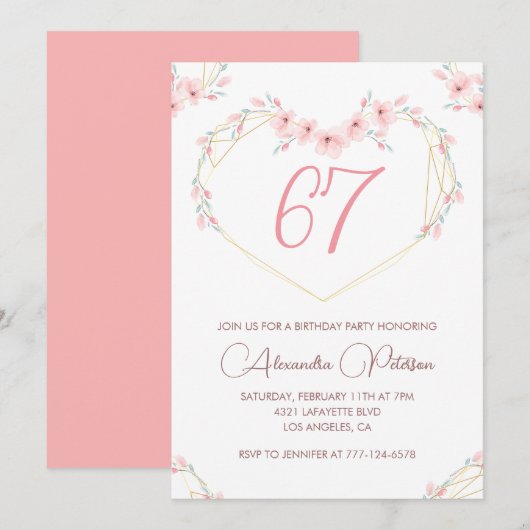 Invitation Aquarelle rose Boho floral 67e anniversaire (Devant / Derrière)