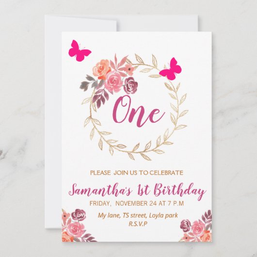 Invitation Aquarelle rose Boho Floral Premier anniversaire (Devant)