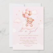 Invitation Aquarelle rose Boho Teddy Bear Girl Baby shower (Devant)