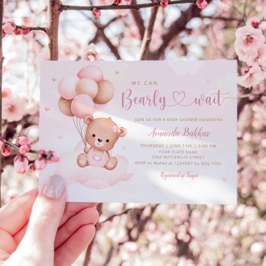 Invitation Aquarelle rose Boho Teddy Bear Girl Baby shower