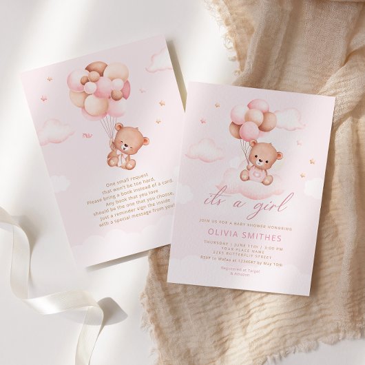Invitation Aquarelle rose Boho Teddy Bear Girl Baby shower