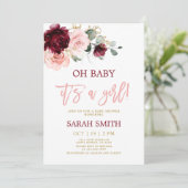 Invitation Aquarelle rose bordeaux Baby shower floral fille (Debout devant)