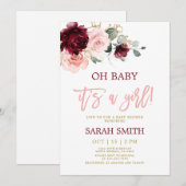 Invitation Aquarelle rose bordeaux Baby shower floral fille (Devant / Derrière)