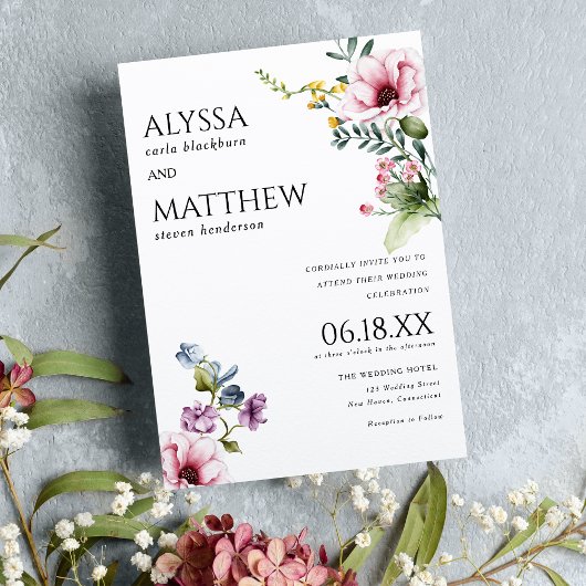 Invitation Aquarelle rose bordeaux vert mariage