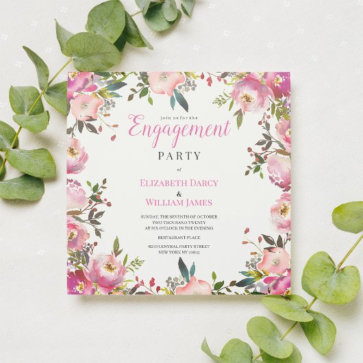 Invitation Aquarelle rose botanique fleurie Partie d'engageme