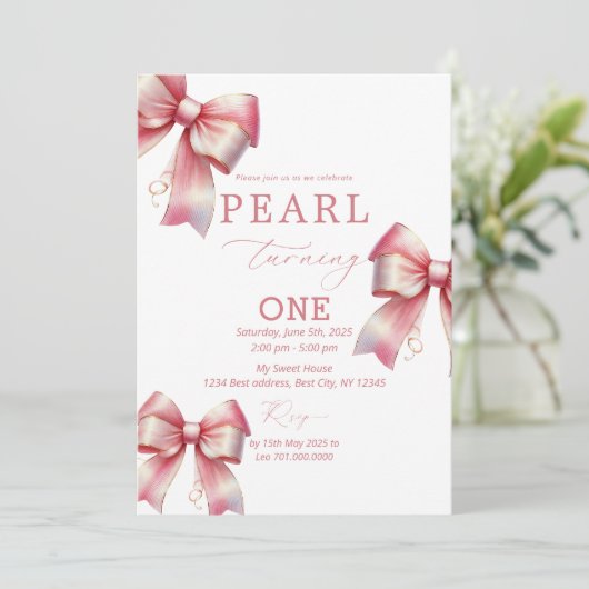 Invitation Aquarelle rose Bow 1er anniversaire (Debout devant)