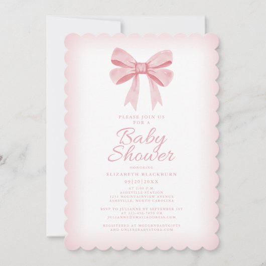 Invitation Aquarelle rose Bow Girl Baby shower Élégant Blush (Devant)