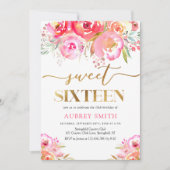 Invitation Aquarelle rose brillant Floral Sweet 16 (Devant)