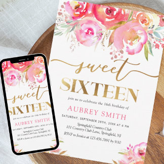 Invitation Aquarelle rose brillant Floral Sweet 16